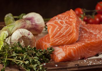 produce basket with herbs & salmon