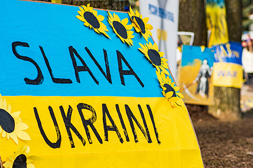 Slava Ukraini - Ukraine flag and sunflowers